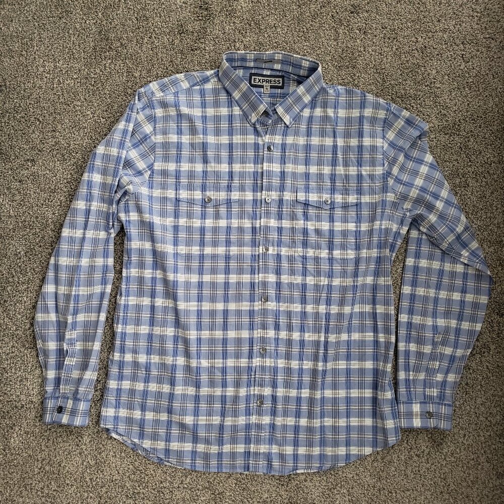 Nice Express Fitted Button Down, Blue, White, Grey Plaid Shirt Men's Size XL/TG